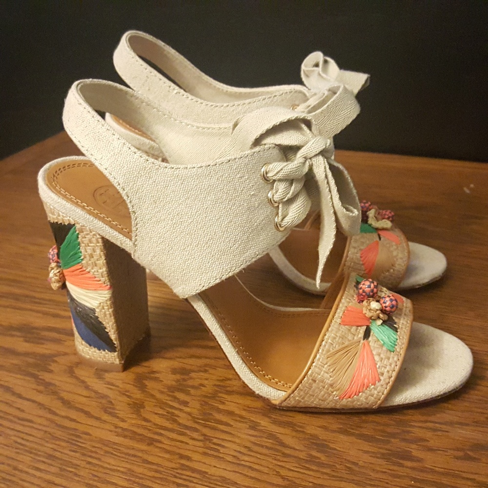 TORY BURCH Nude Open Toe Block Heel Ankle Strap